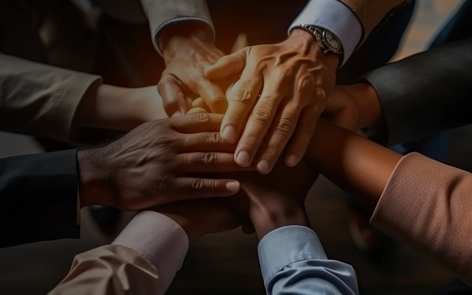 Close-up of business people putting their hands together.