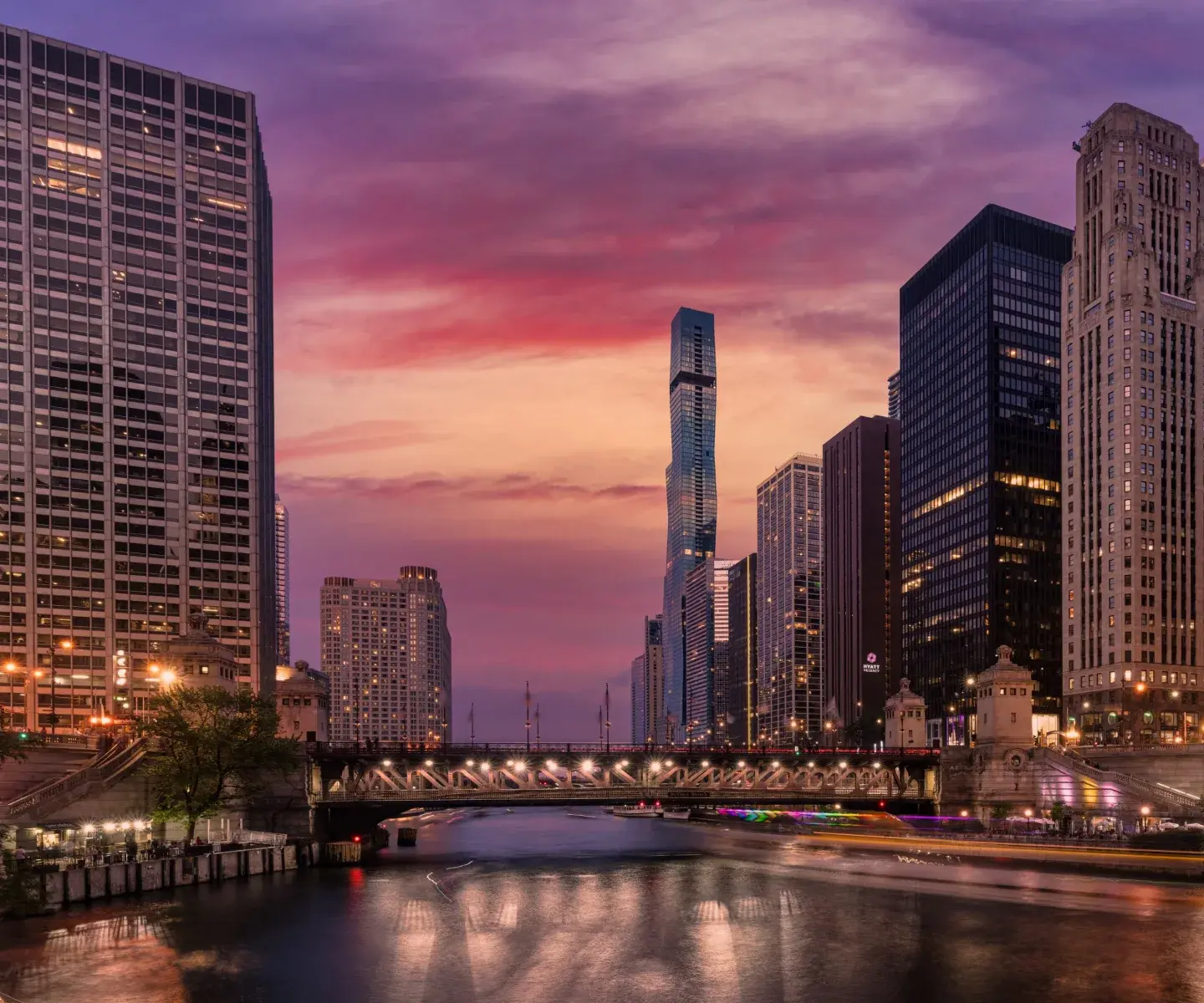 The Chicago skyline along the river.